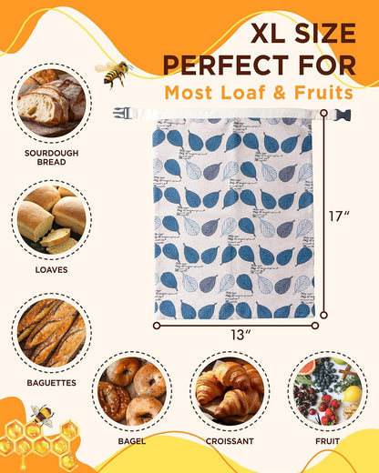 Beeswax Bread Bags for Homemade Sourdough with Zipper, 2 Pack Reusable Sourdough Bread Bags Baking Supplies, Airtight Natural Cotton Storage Bag