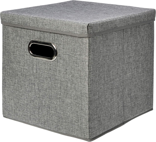 Amazon Basics Foldable Burlap Cloth Cube Storage Bin with Lid, Stackable and Sturdy, Gray, Set of 2