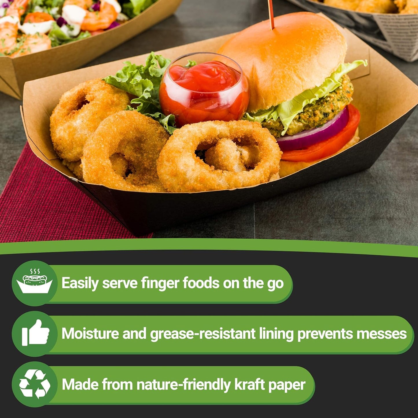 Restaurantware Bio Tek 2-pound Food Boats 200 Disposable Paper Food Trays - Heavy-Duty Greaseproof Black Paper Food Boats For Snacks Appetizers Or Treats Use At Parties Or Carnivals