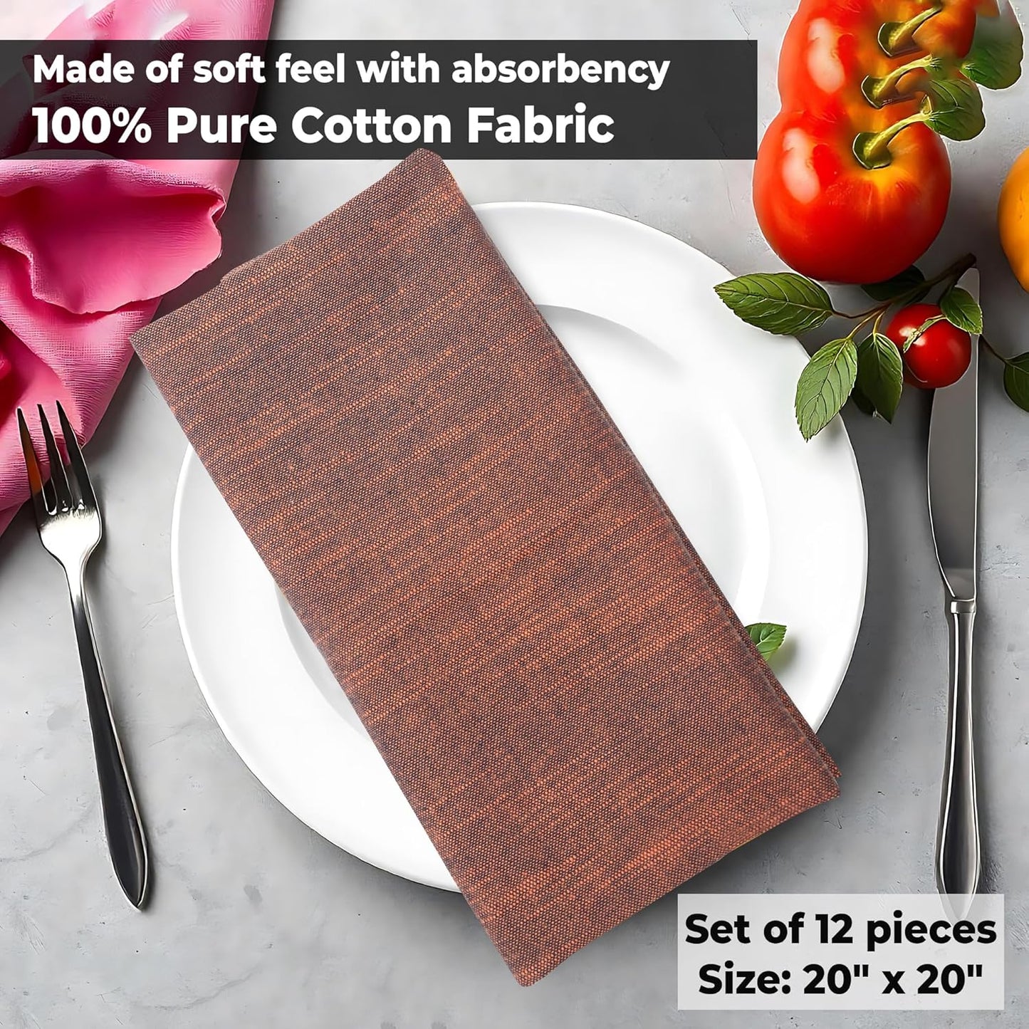 Urban Villa Cloth Napkins Set of 12 20x20 Inches 100% Cotton Napkins Cloth Washable Soft Durable Reusable Absorbent Table Dinner Napkins Cloth for Hotel Lunch Restaurant Weddings Parties-Orange Black