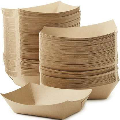 Eco Friendly USA-Made 3lb Food Holder Trays 150 Pk. Compostable Kraft Paper Container for Diners Concession Stands or Camping. Best Sturdy 3 Lb Disposable Party Snack Boat for Nachos, Tacos or BBQ.