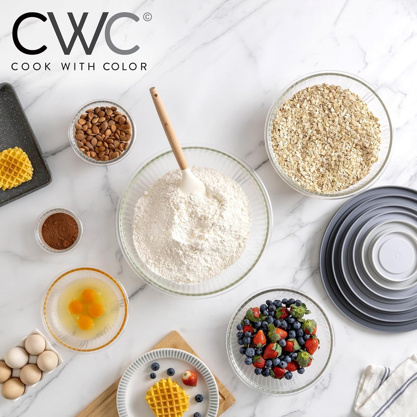 COOK WITH COLOR 12 Pc Glass Mixing Bowl Set with Lids – Borosilicate Glass Nesting Bowls for Cooking, Baking and Meal Prep, Fluted Grey