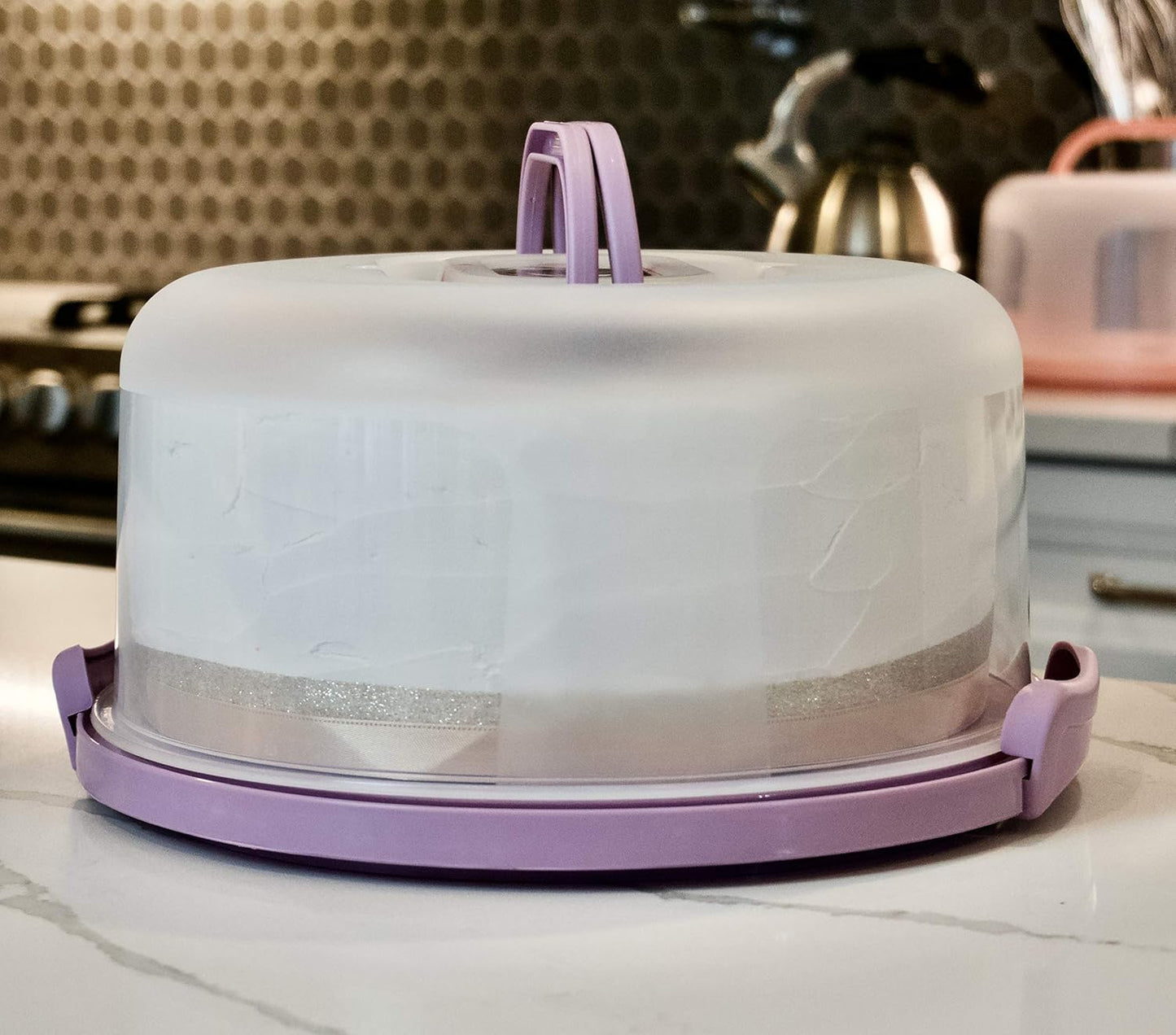 Round Cake Carrier Two Sided Cake Holder Serves as Five Section Serving Tray, Portable Cake Stand Fits 10 inch Cake, Cake Box Comes With Handle, Cake Container Holds Pies (Lilac)