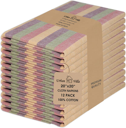 Urban Villa Cloth Napkins Set of 12 20x20 Inches 100% Cotton Napkins Cloth Washable Durable Reusable Absorbent Table Dinner Napkins Cloth for Thanksgiving Fall Hotel Lunch Restaurant- Harvest Stripes