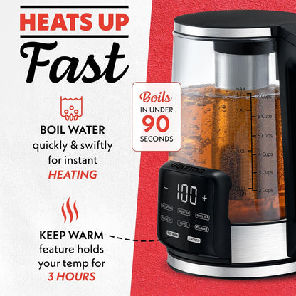 Gourmia Electric Programmable Glass Kettle – 1.7L Temperature Control Tea & Coffee Kettle with Digital Touch Display, 6 Presets, Keep Warm, Removable Stainless Steel Infuser, 360° Swivel Base – Peach
