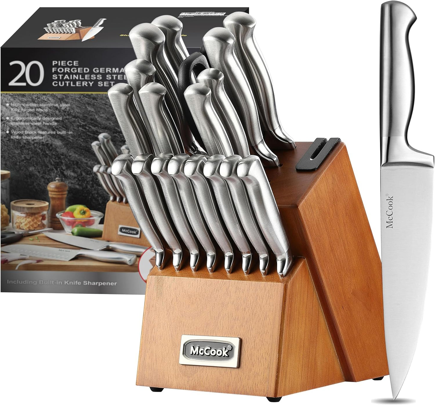 McCook® Kitchen Knife Sets,German Stainless Steel Knives Block Set with Built-in Sharpener