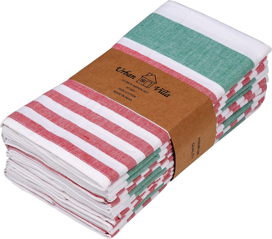 Urban Villa Dinner Napkins Horizontal Stripes Cloth Napkins Set of 12 Ruby/Green Color Dinner Napkins 20x20 Inches 100% Cotton Over sized Cloth Napkins with Mitered Corners Dinner Napkins