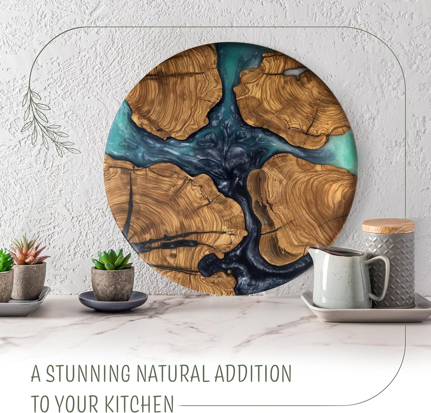 Handmade Olive Wood Round Cutting Board Resin Round Charcuterie Board, Epoxy Wood Cutting Board for Kitchen, Ocean Resin Cheese Board Wood Circle, Olive Wood Resin Pizza Board (Ocean)