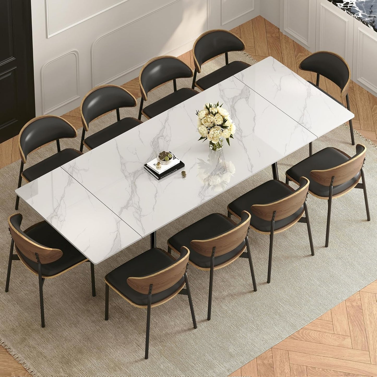 62.9"-94.4" Modern Extendable Dining Table for 6 to 10 Seats, Rectangular Sintered Stone Table with High Hardness and Easy Maintenance for Dining Room Family Gathering, White Top