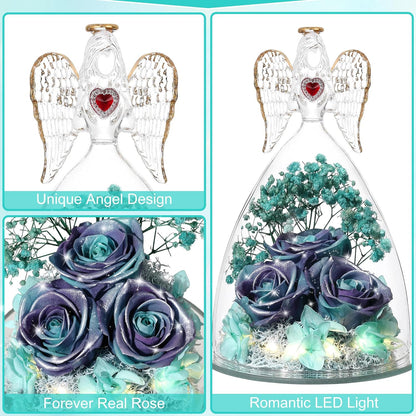 Mothers Day Rose Gifts for Women, Large Angel Figurines with Real Roses, Preserved Real Flower Rose for HerGlitterPurpleAquablue