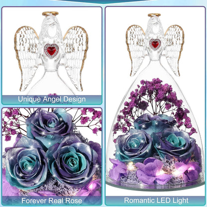 Mothers Day Rose Gifts for Women, Large Angel Figurines with Real Roses, Preserved Real Flower Rose for Her, Glittery Blue Purple