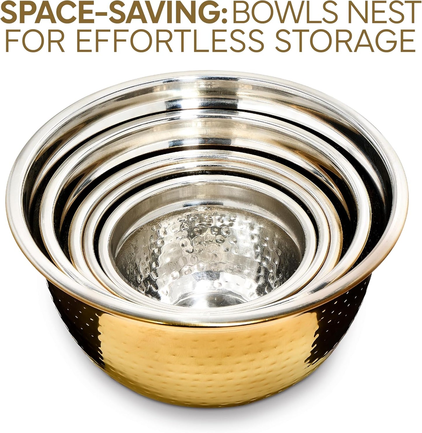 COOK WITH COLOR 18 Piece Mixing Bowls Set with Airtight Lids, Handcrafted Stainless Steel Bowls, Food Storage Containers, Meal Prep, Nesting Salad Bowls For Cooking, Baking, Kitchen, Gold- Hammered