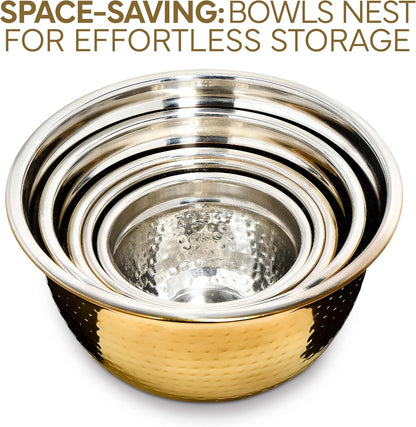 COOK WITH COLOR 18 Piece Mixing Bowls Set with Airtight Lids, Handcrafted Stainless Steel Bowls, Food Storage Containers, Meal Prep, Nesting Salad Bowls For Cooking, Baking, Kitchen, Gold- Hammered