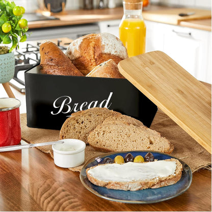 RoyalHouse Modern Metal Bread Box with Bamboo Cutting Board Lid, Bread Storage Container for Kitchen Counter, Vintage Kitchen Decor Organizer - Black