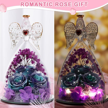 Mothers Day Rose Gifts for Women, Large Angel Figurines with Real Roses, Preserved Real Flower Rose for Her, Glittery Blue Purple