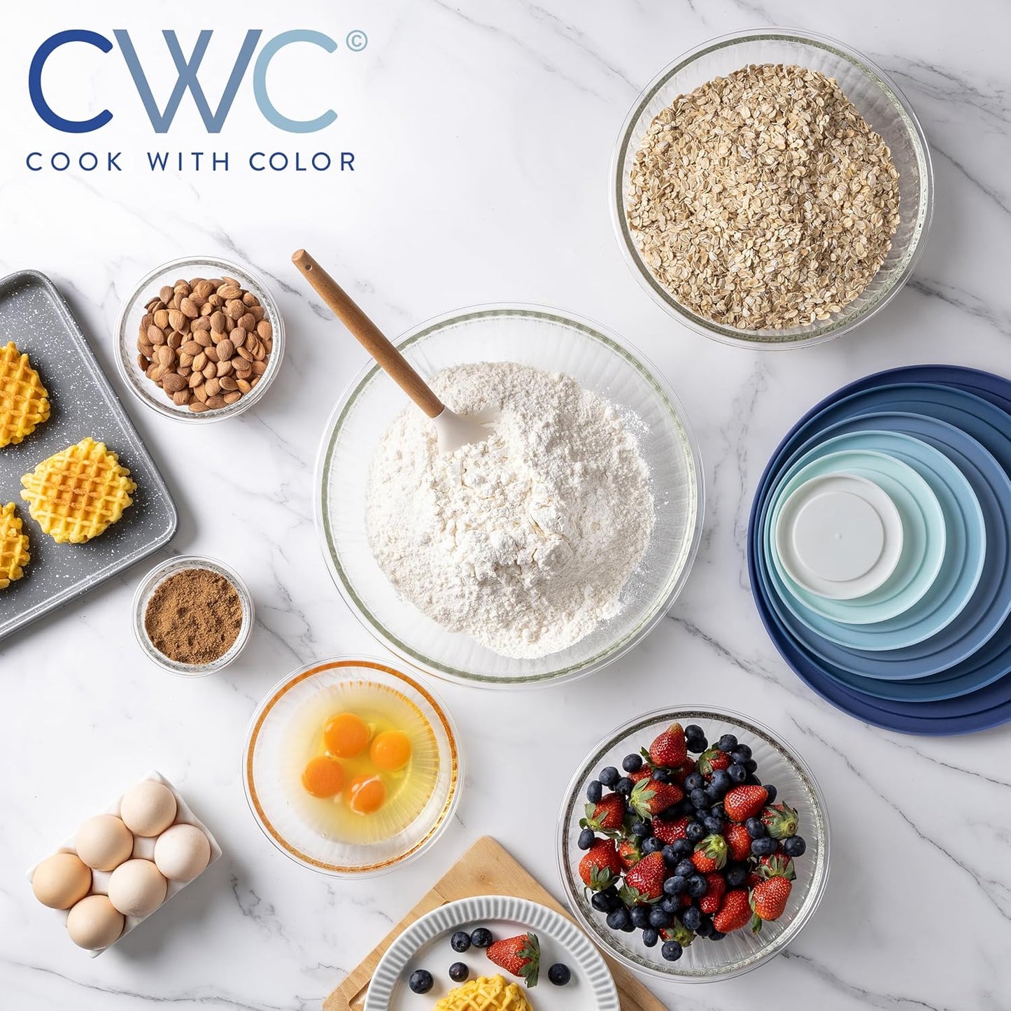 COOK WITH COLOR 12 Pc Glass Mixing Bowl Set with Lids – Borosilicate Glass Nesting Bowls for Cooking, Baking and Meal Prep, Fluted Blue