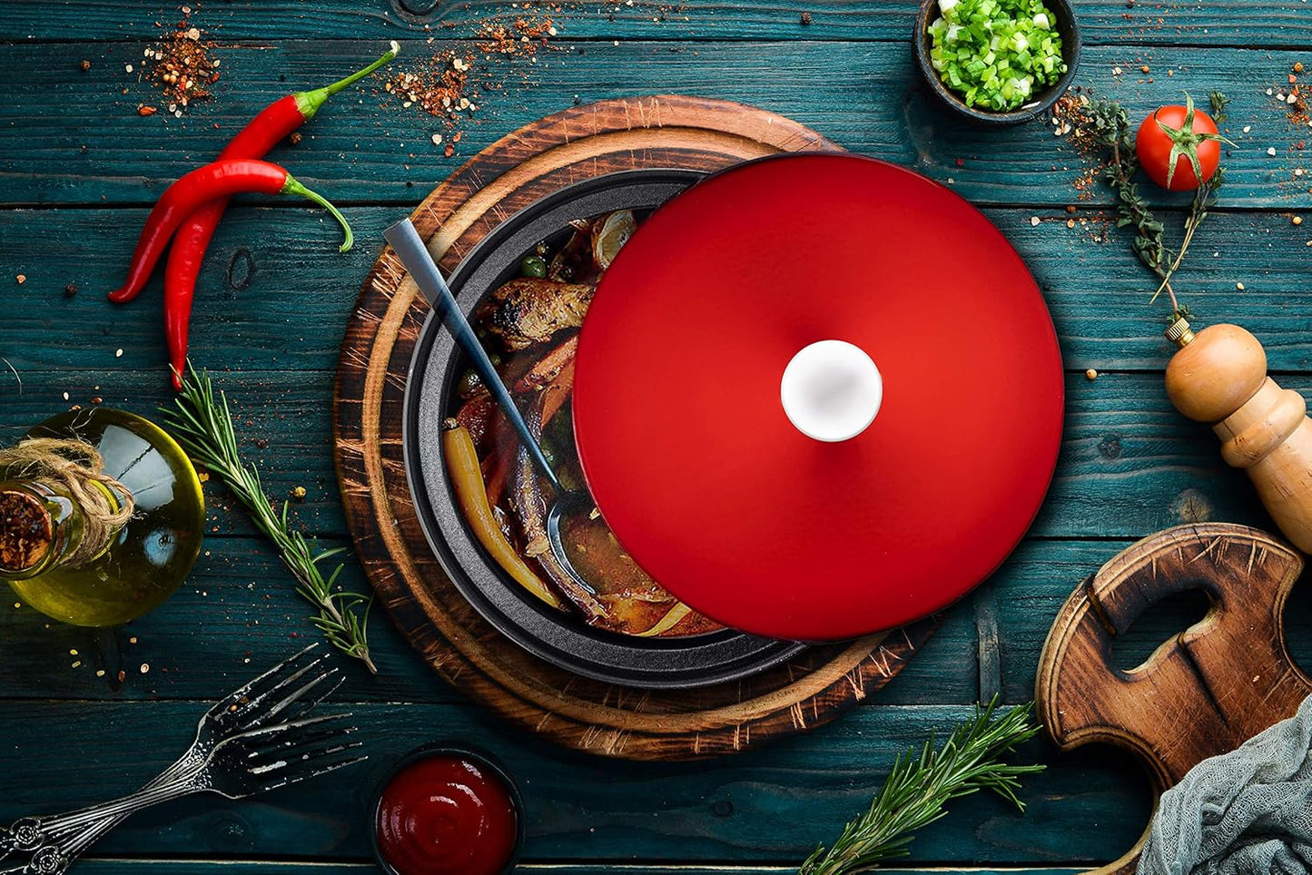 Bruntmor Moroccan Tagine, Cast Iron, Red, 3.5-Quart, Round, With Lid