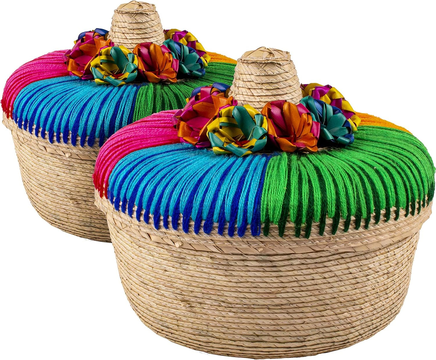 2-Pack Genuine Mexican Handwoven Tortilla Basket, Fiesta Mexican Tortilla Warmer, Tortilla Holder, Tortillero, Palm Straw Baskets Handmade in Mexico, Mexican Bowls (2, Arcoiris)