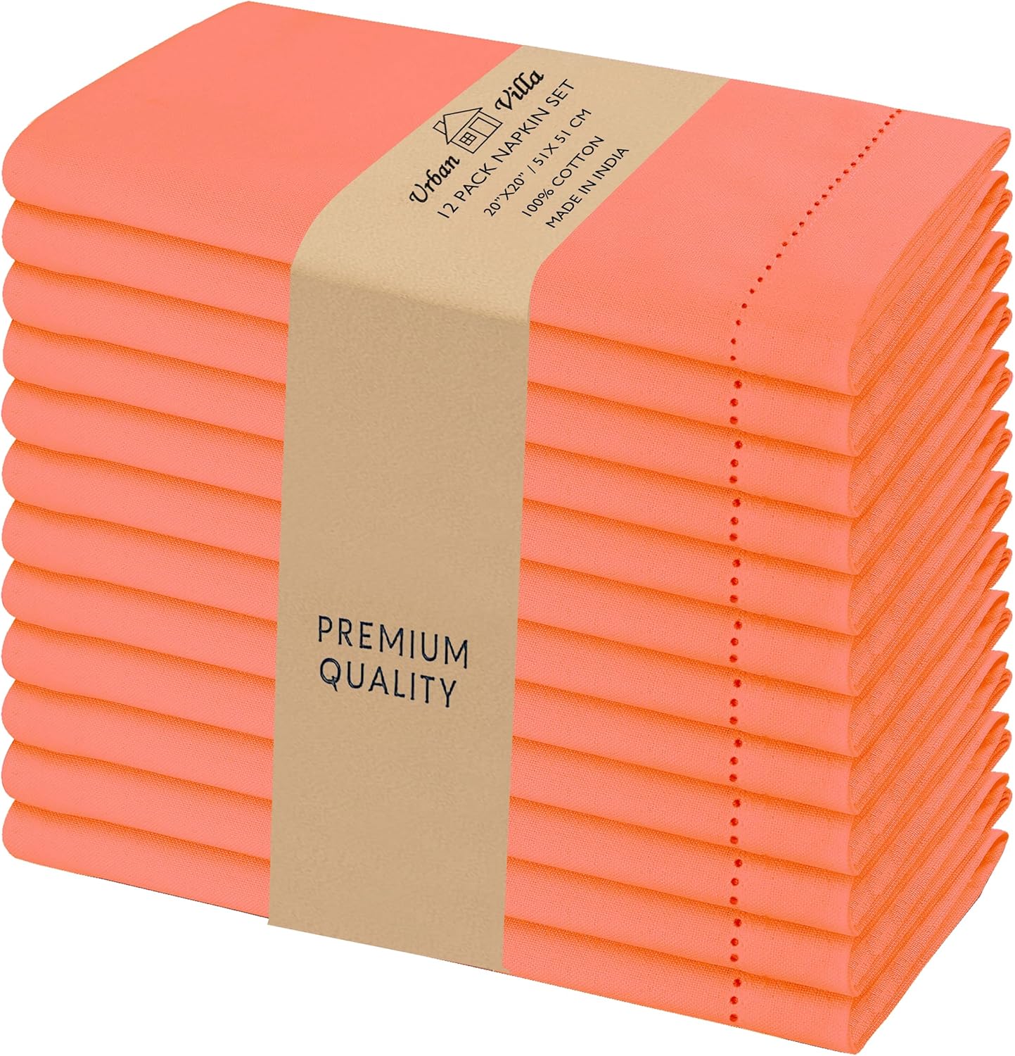 Urban Villa Cloth Napkins Set of 12(20x20 Inches)100% Cotton Hemstitch Napkins Cloth Washable Durable Reusable Absorbent Table Dinner Napkins Cloth for Hotel Lunch Restaurant Weddings Parties - Orange