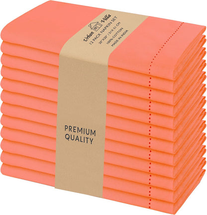 Urban Villa Cloth Napkins Set of 12(20x20 Inches)100% Cotton Hemstitch Napkins Cloth Washable Durable Reusable Absorbent Table Dinner Napkins Cloth for Hotel Lunch Restaurant Weddings Parties - Orange