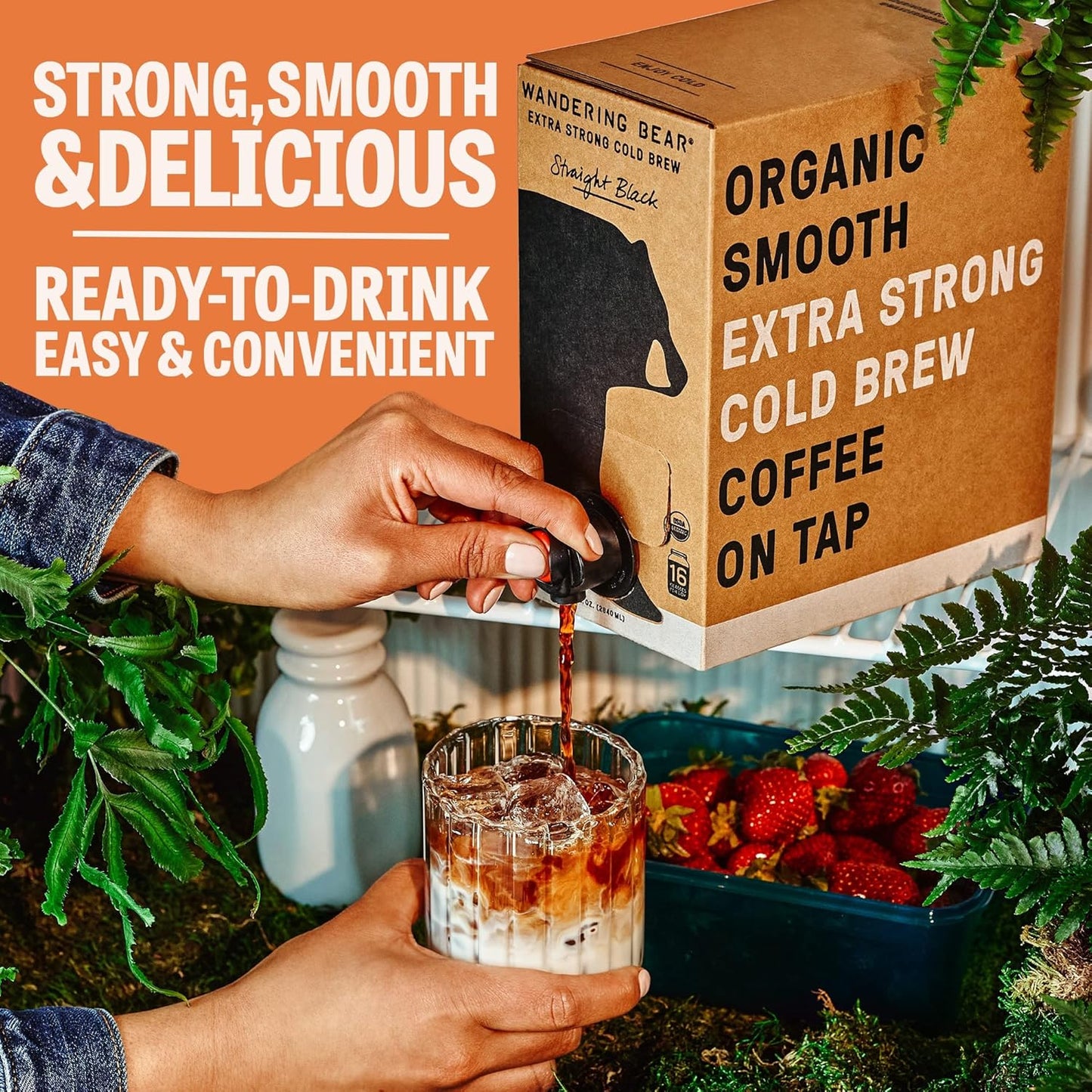 Wandering Bear Organic Hazelnut Cold Brew Coffee On Tap, Iced Coffee Drink -Extra Strong, Smooth, No Sugar Added, Shelf-Stable, Ready to Drink,Gluten Free & Vegan Decaf -16 Servings of 6fl.oz -96fl.oz