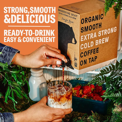 Wandering Bear Organic Hazelnut Cold Brew Coffee On Tap, Iced Coffee Drink -Extra Strong, Smooth, No Sugar Added, Shelf-Stable, Ready to Drink,Gluten Free & Vegan Decaf -16 Servings of 6fl.oz -96fl.oz