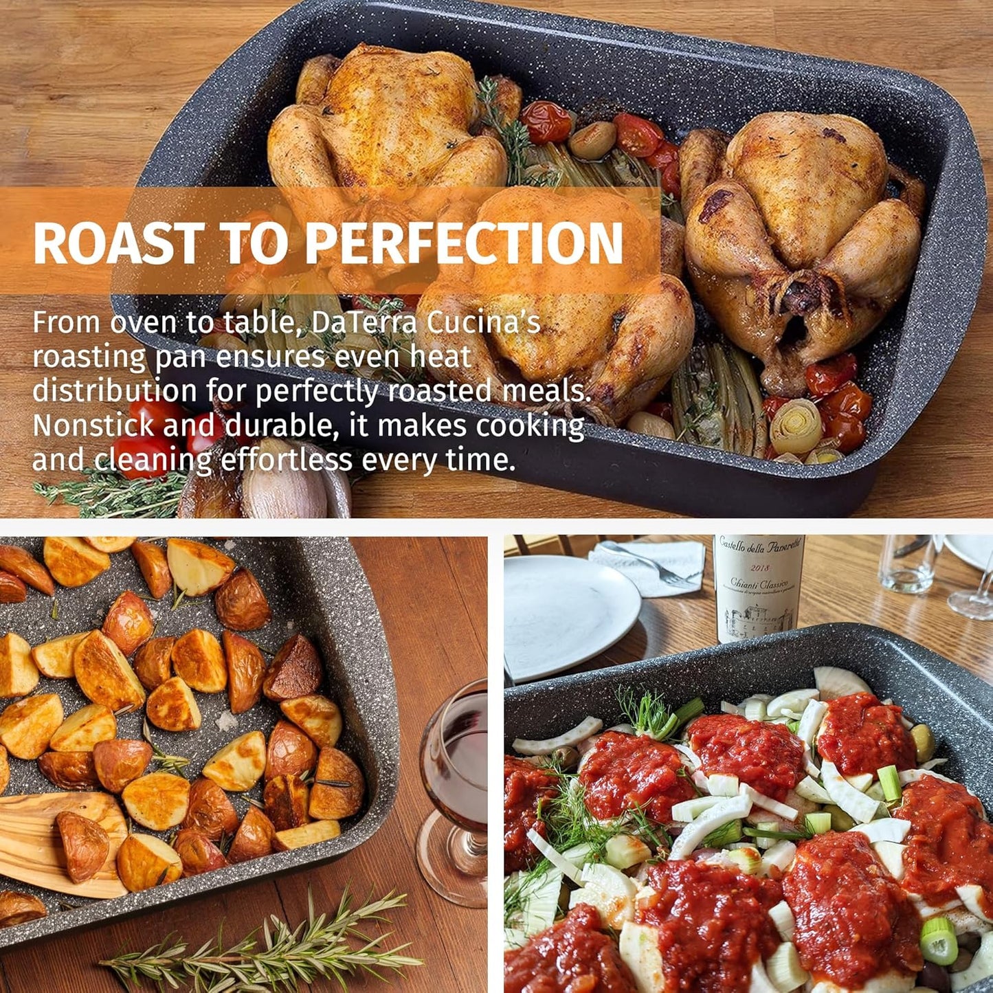 DaTerra Cucina Nonstick Roasting & Lasagna Pan – 16"x12"x3", Ceramic-Coated, Oven & Stovetop Safe to 600°F, Sturdy Base, PTFE, PFOA & Lead-Free, Durable & Stylish Deep Roasting Tray - Made in Italy