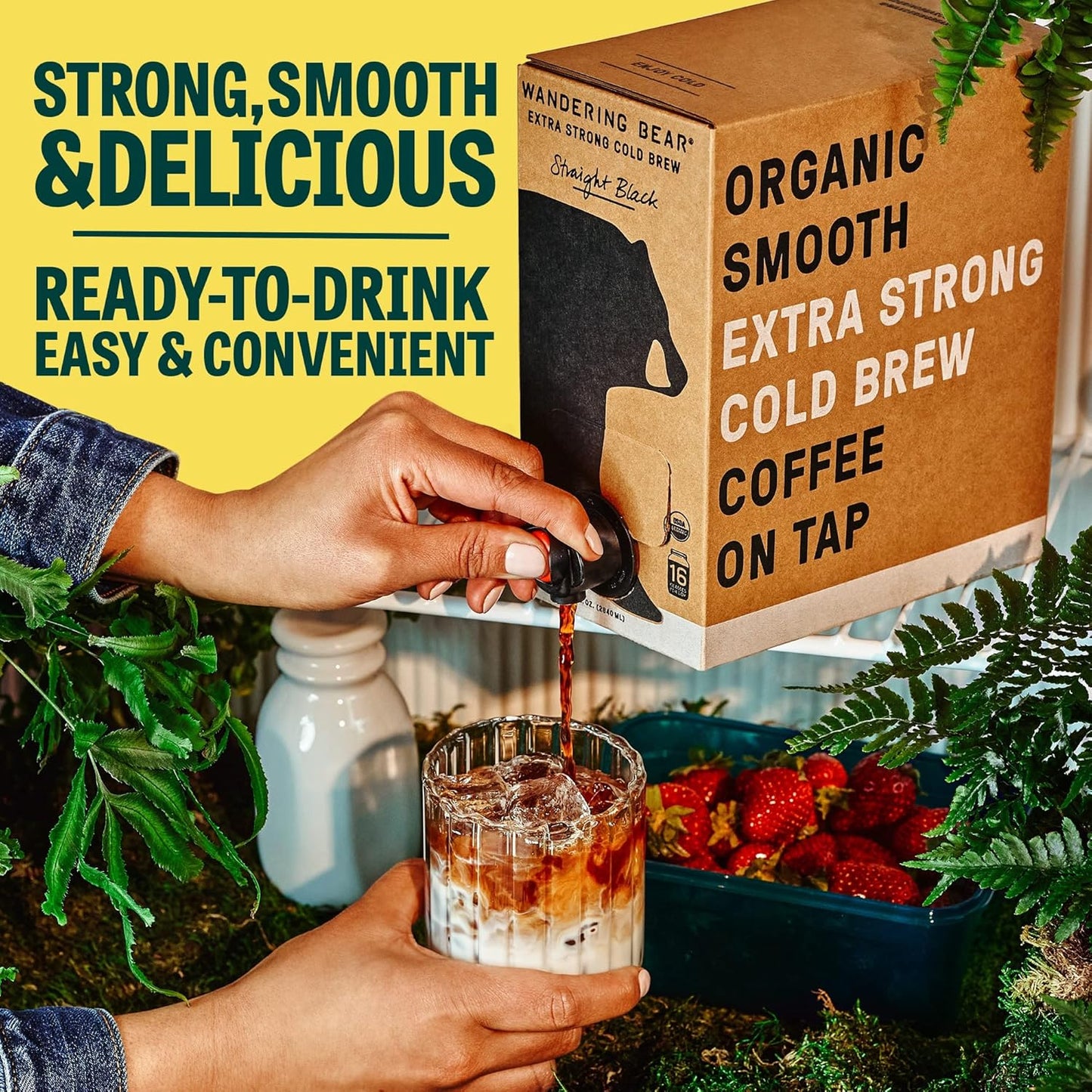 Wandering Bear Straight Black Organic Cold Brew Coffee On Tap, Iced Coffee Drink - Extra Strong, Smooth, No Sugar Added, Shelf-Stable, Ready to Drink, 100% Organic - 16 Servings of 6fl.oz - 96fl.oz