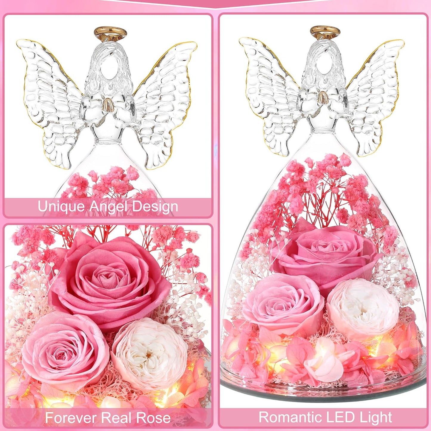 Christmas Rose Gifts for Women Preserved Real Flower in Glass Angel Figurines Roses for Delivery Prime Birthday Gifts for Mom Grandma Girlfriend Wife Her,Pink Austin Roses