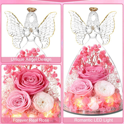 Christmas Rose Gifts for Women Preserved Real Flower in Glass Angel Figurines Roses for Delivery Prime Birthday Gifts for Mom Grandma Girlfriend Wife Her,Pink Austin Roses