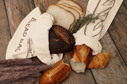 Reusable Linen Baguette Bread Bags - Set of 2 Washable Cloth Bread Bags with Drawstring Closure - Long Size - 29”x7”