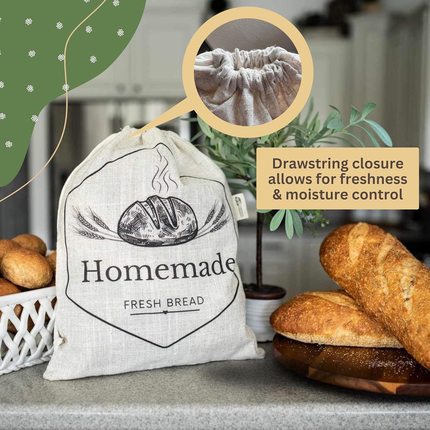 2-Pack XL Linen Reusable Bread Bags for Homemade & Sourdough Breads