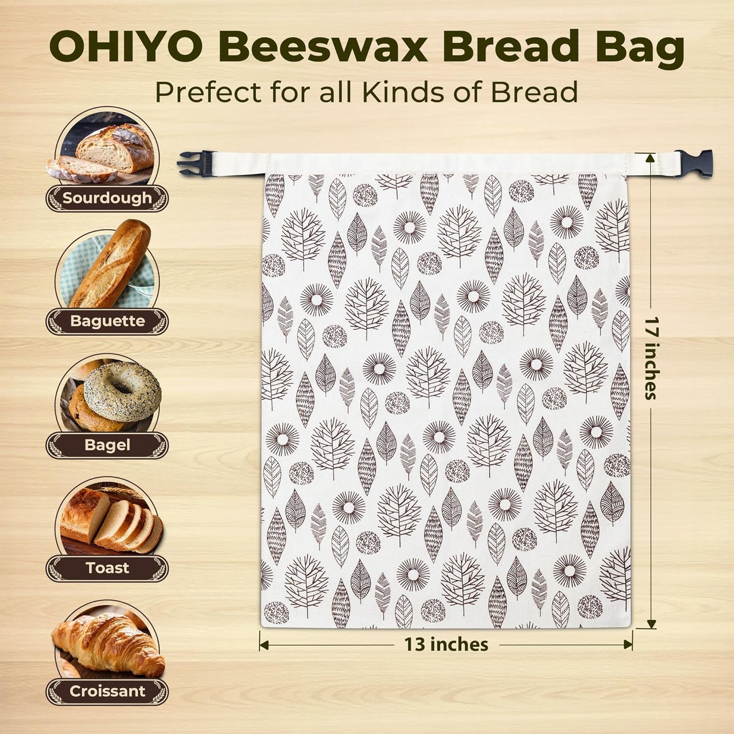 OHIYO Reusable Beeswax Bread Bags for Freezer & Refrigerator, 17"×13" Natural Beeswax-Lined Cotton Storage Bags Airtight Freshness Keeper for Homemade, Bakery Essentials (2 Pack)