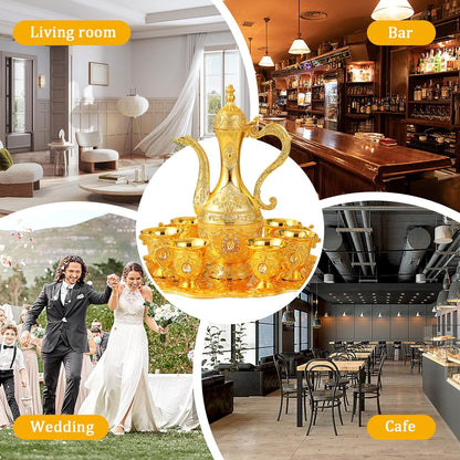 Turkish Tea Set Vintage Exquisite Golden Turkish Coffee Cup Set with Tray and 6 Cups for Home Party Decorations Kitchen Accessories