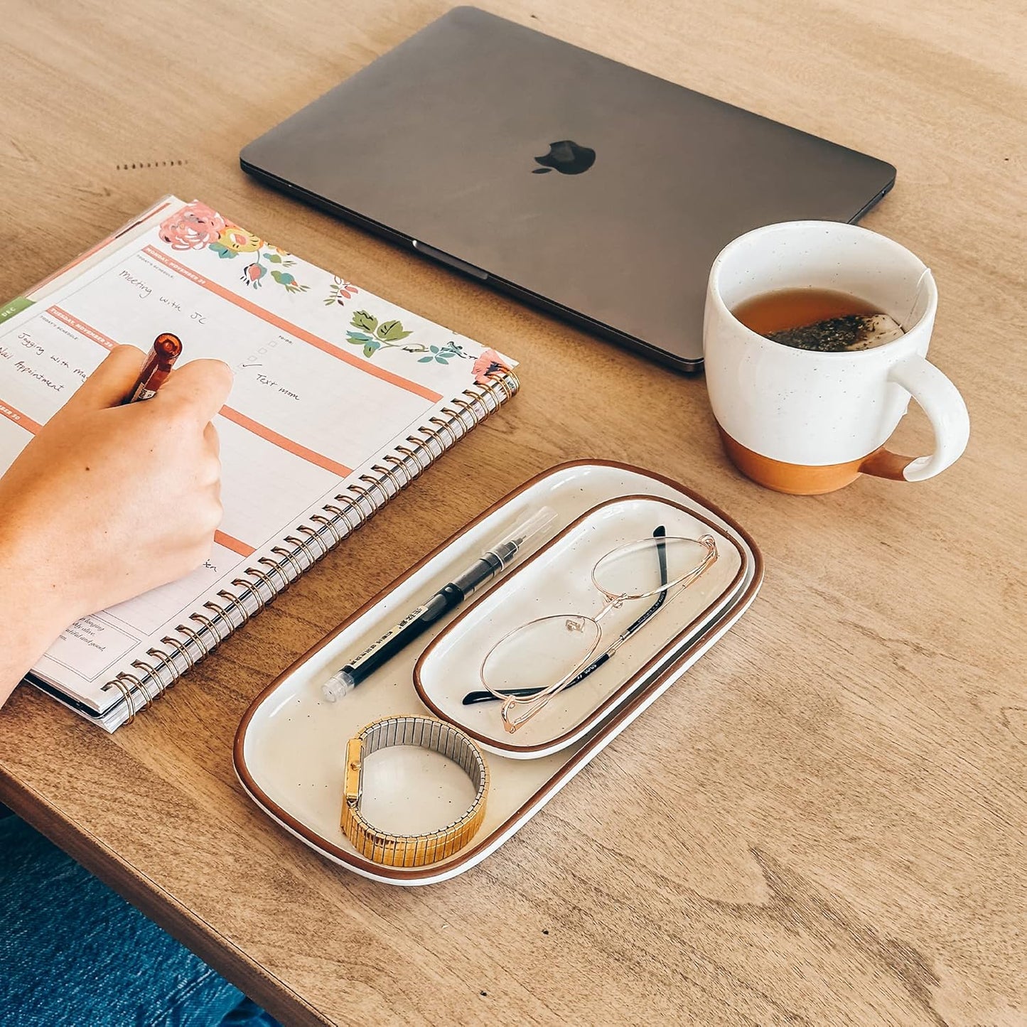 Mora Ceramic Decorative Tray - Rectangle 10in Dish for Jewelry, Soap Dispenser, Perfume, Makeup, Accessories, Candle, in The Bathroom Vanity, Bedside, or Kitchen Counter. Cute Organizers - White