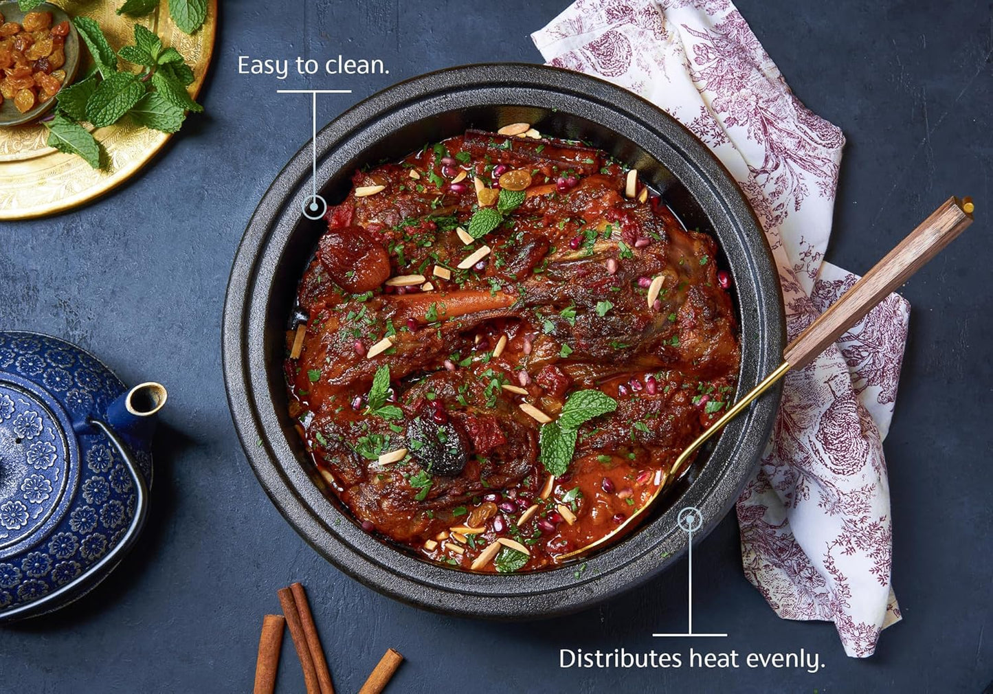 KooK Moroccan Tagine, Enameled Cast Iron Cooking Pot, Tajine with Ceramic Cone-Shaped Closed Lid, 3.3 QT, (Terracotta)