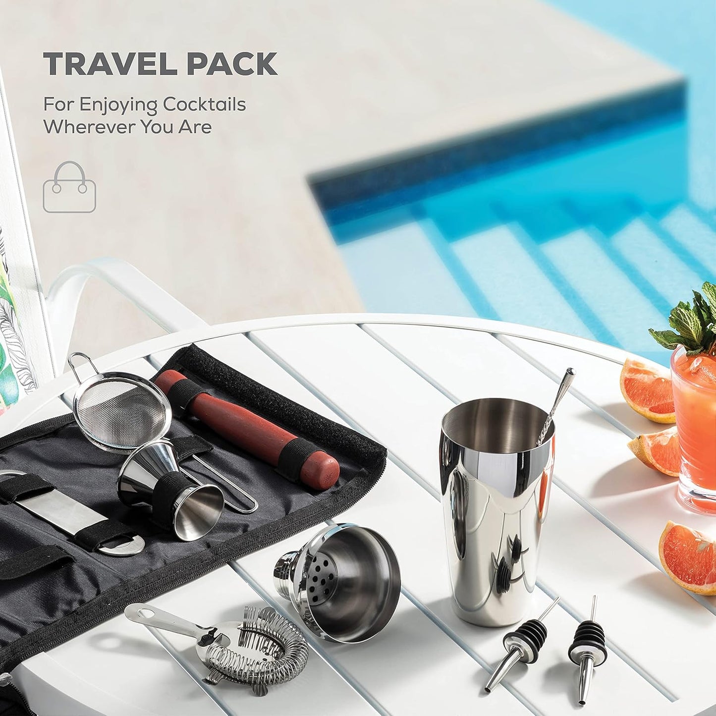 FineDine 10-Piece Cocktail Shaker Set with Travel Bag - Stainless Steel Shaker Set Bartender Kit - Mixology Bartender Kit - Strainer, Muddler, Jigger, Bar Spoon, Bottle Opener, Pour Spouts - Bar Set