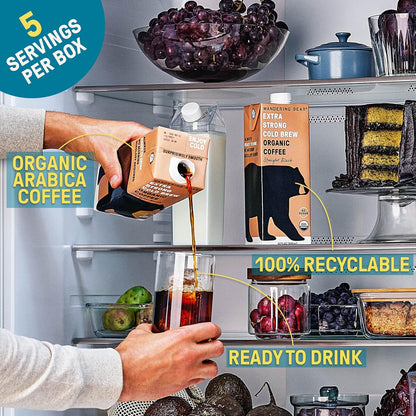 Wandering Bear Organic Vanilla Cold Brew Coffee - Extra Strong, Bold, Smooth, Unsweetened, Shelf-Stable, Ready to Drink, Gluten Free, & Vegan Iced Cold Brewed Coffee Drink - 32 fl oz, 6 pack