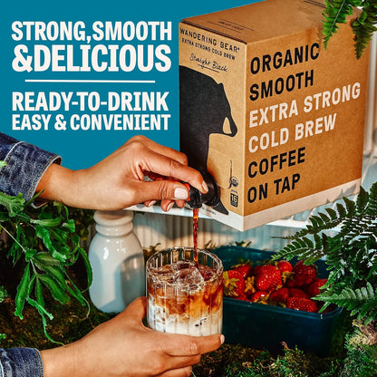 Wandering Bear Organic Vanilla Coffee Cold Brew On Tap, Iced Coffee Drink -Extra Strong, Smooth, No Sugar Added, Shelf-Stable, Ready to Drink, Gluten Free & Vegan Decaf -16 Servings of 6fl.oz -96fl.oz