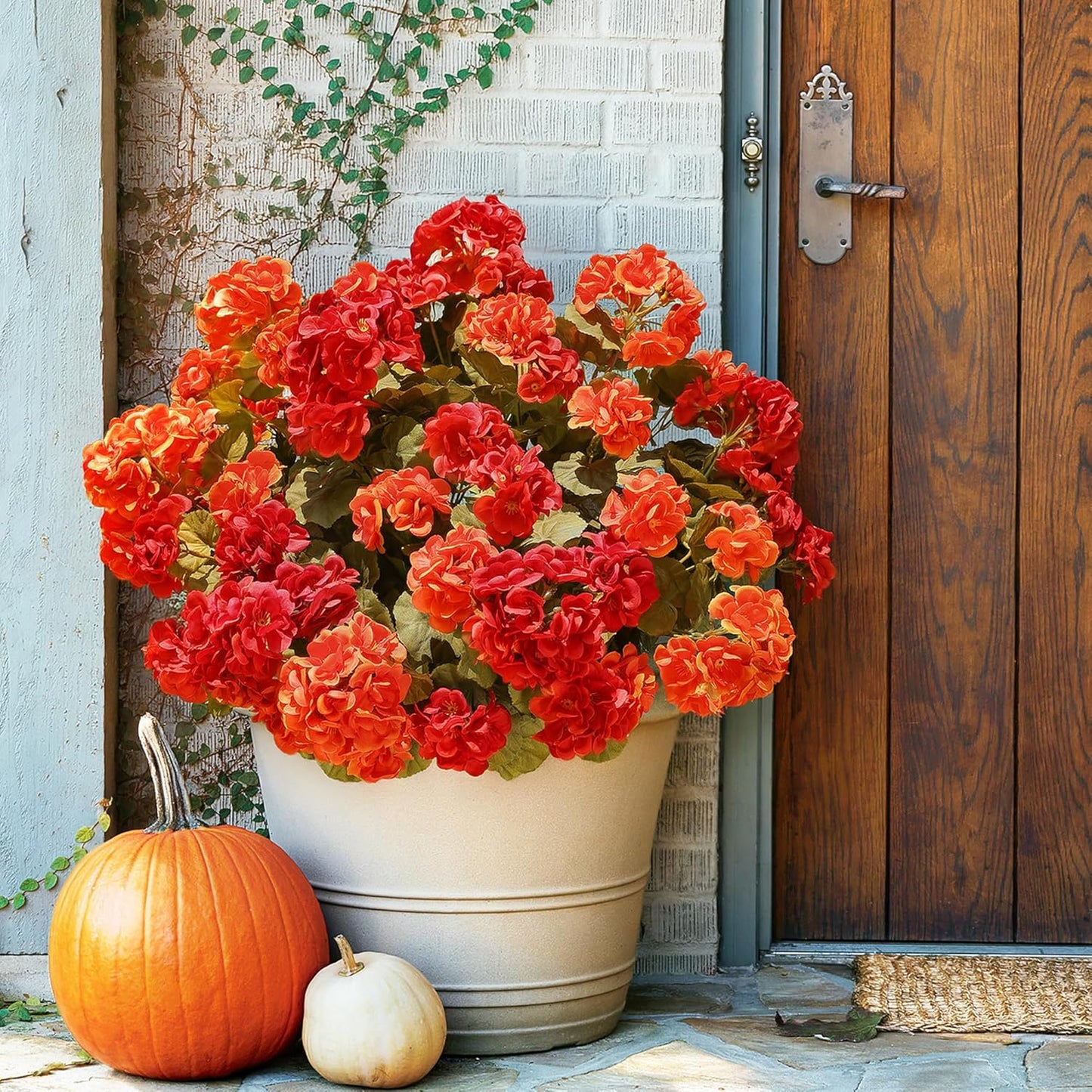 Fake Geraniums Artificial Flowers for Outdoors Fall Autumn Decoration, 6 Bundles Silk Geraniums Look Real Faux Fall Flowers Plants for Front Door Garden Planter Patio Balcony Yard Home Indoor, Mix