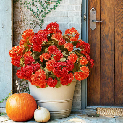 Fake Geraniums Artificial Flowers for Outdoors Fall Autumn Decoration, 6 Bundles Silk Geraniums Look Real Faux Fall Flowers Plants for Front Door Garden Planter Patio Balcony Yard Home Indoor, Mix