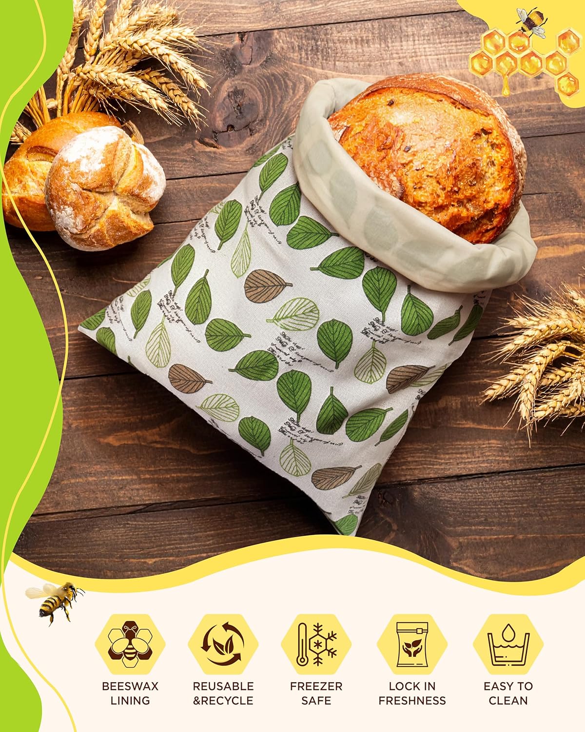 Beeswax Bread Bags for Homemade Sourdough, Sourdough Bread Bag with Zipper, 2 Pack Cotton Large Airtight Food Storage Bags to Keep Fresh
