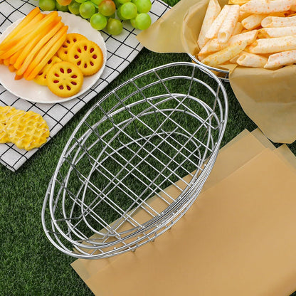 Hushee 24 Pcs Silver Wire Bread Basket 9.5 x 6.2 x 2.2 Inch Oval Metal Dinner Roll Baskets Storage with 100 Sheets Deli Wrappers Paper for Kitchen Table Fast Food