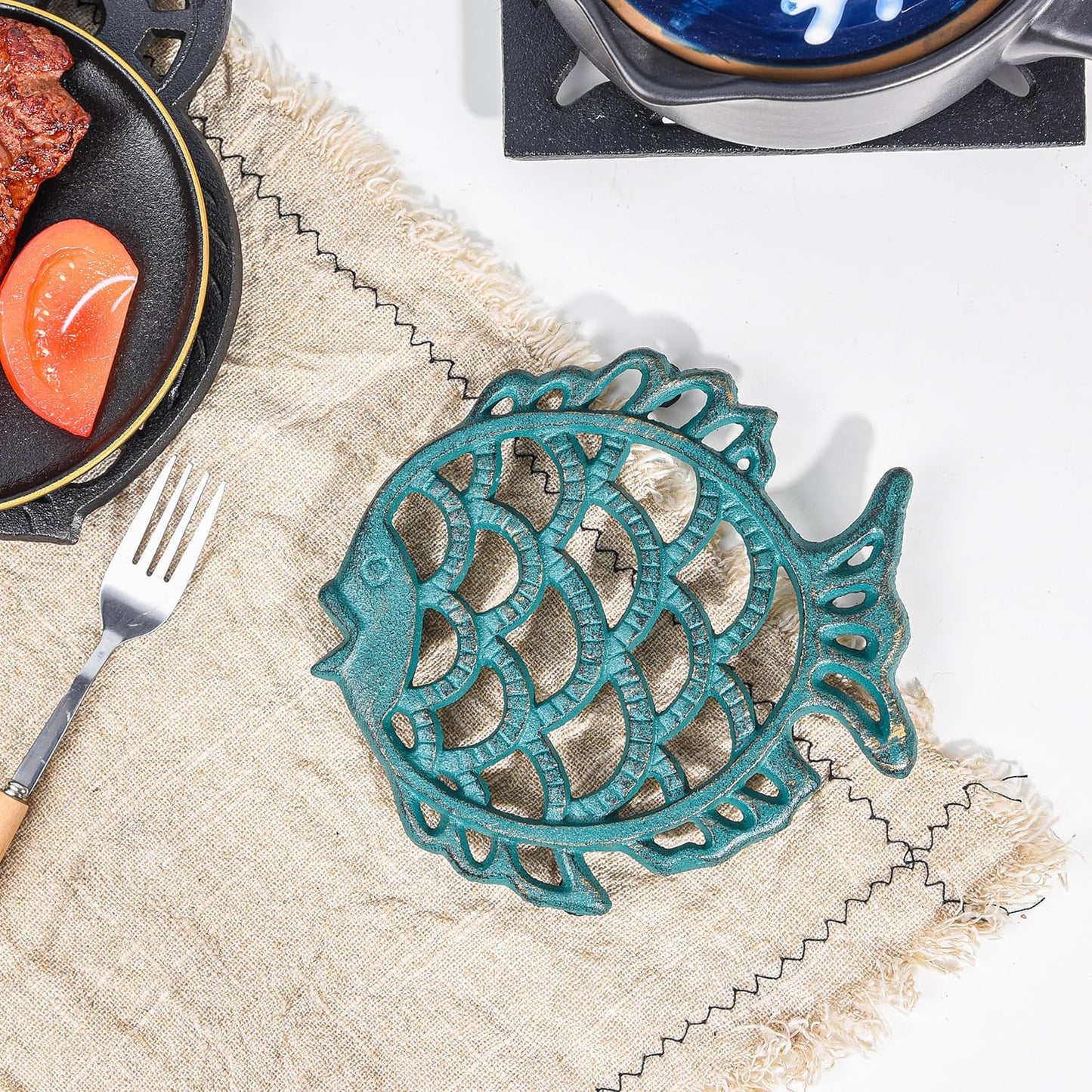 Sungmor Cast Iron Cute Fish Trivet for Wood Stove - Dia-7.5 Inch Dark Green Finish - Rustproof Round Stands for Hot Pots/Dishes/Pans - Decorative Metal Table Trivet for Kitchen Cooking