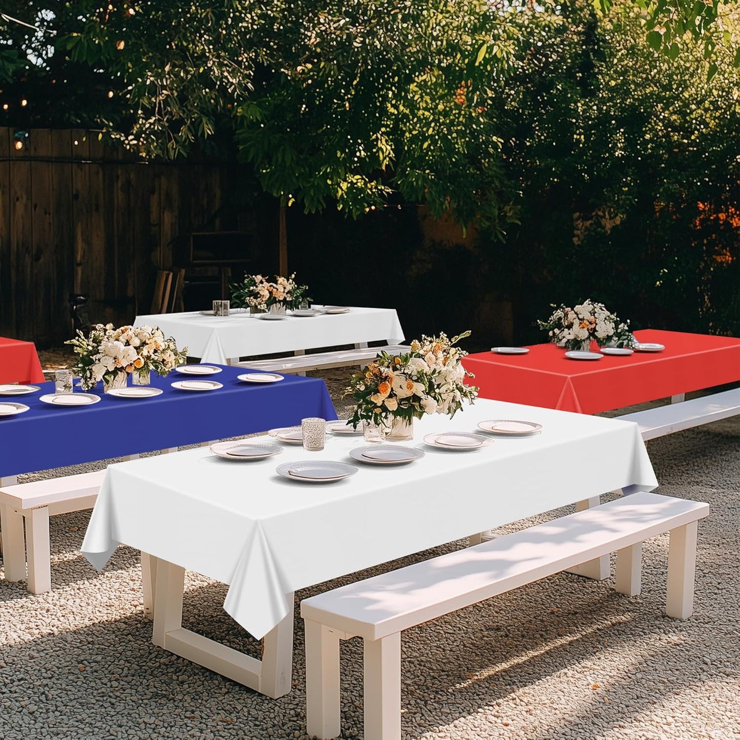 6 Pieces July Four Series Rectangle Tablecloth, 54x72" Solid Color Waterproof & Spillproof Disposable Plastic Table Cover, Durable Party Tablecloth for Dining, Buffet, Picnic, Outdoor Events