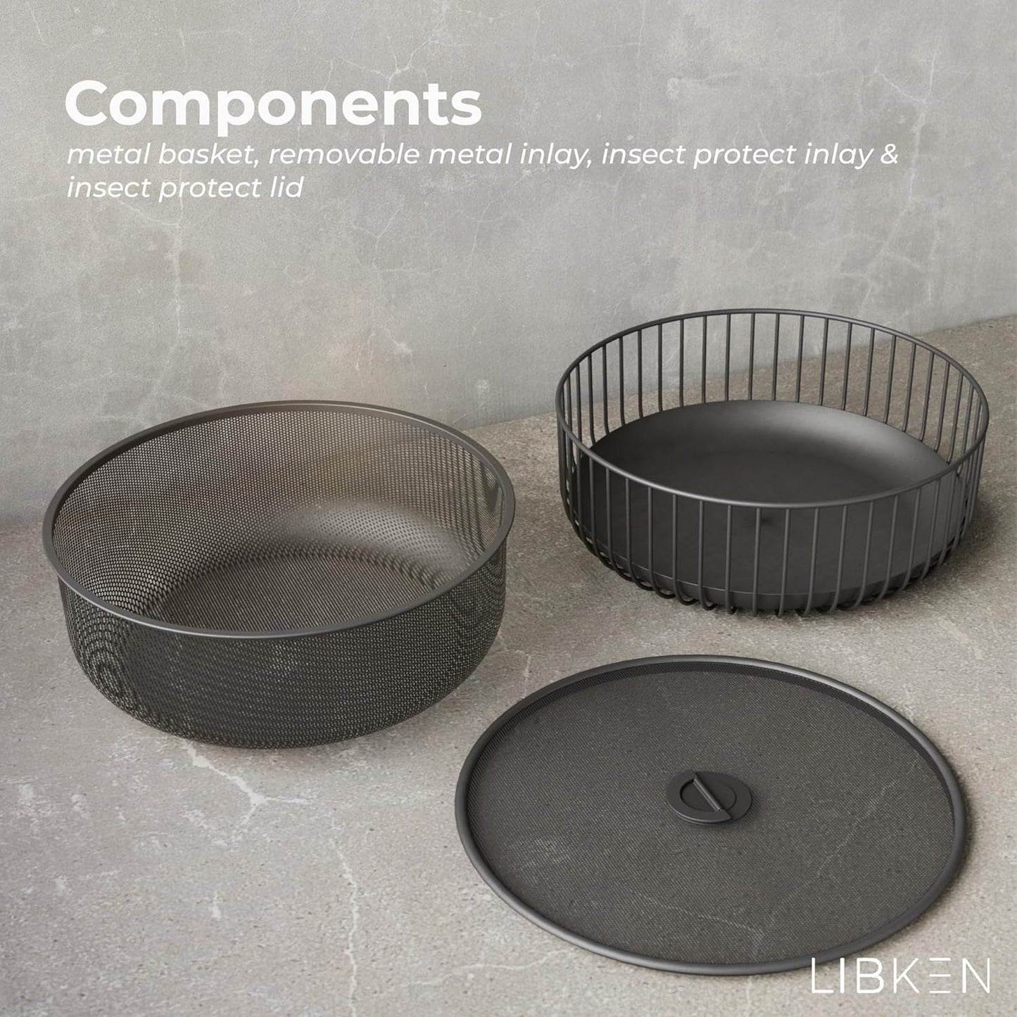 Metal Fruit Bowl with Mesh Lid and Basket - Fruit and Vegetable Holder For Kitchen Counter - Countertop Display Baskets Organizer - Bowl Storage for Veggie, Fruits, Snack, and Banana - Black