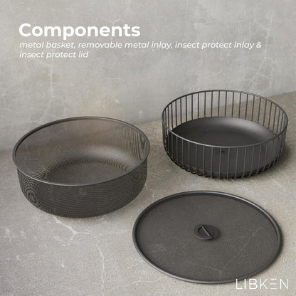 Metal Fruit Bowl with Mesh Lid and Basket - Fruit and Vegetable Holder For Kitchen Counter - Countertop Display Baskets Organizer - Bowl Storage for Veggie, Fruits, Snack, and Banana - Black