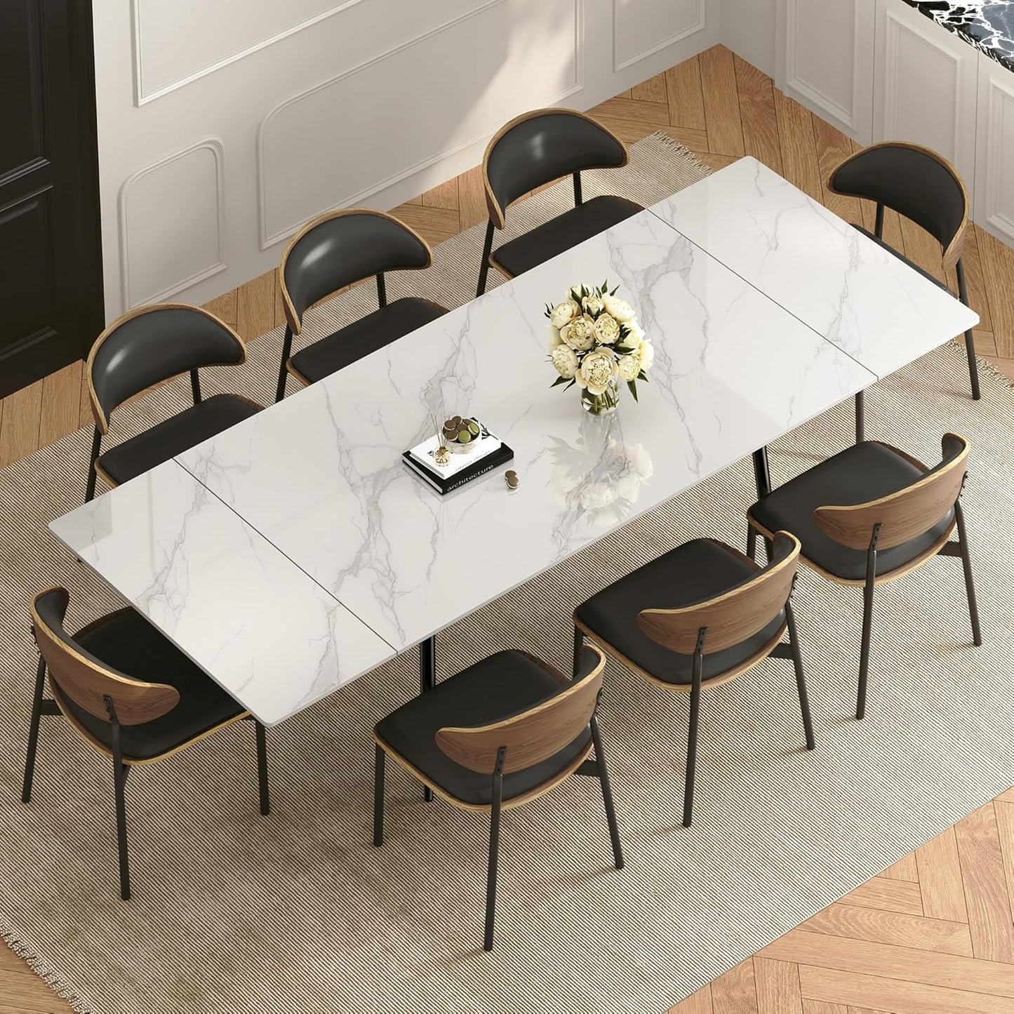62.9"-94.4" Modern Extendable Dining Table for 6 to 10 Seats, Rectangular Sintered Stone Table with High Hardness and Easy Maintenance for Dining Room Family Gathering, White Top