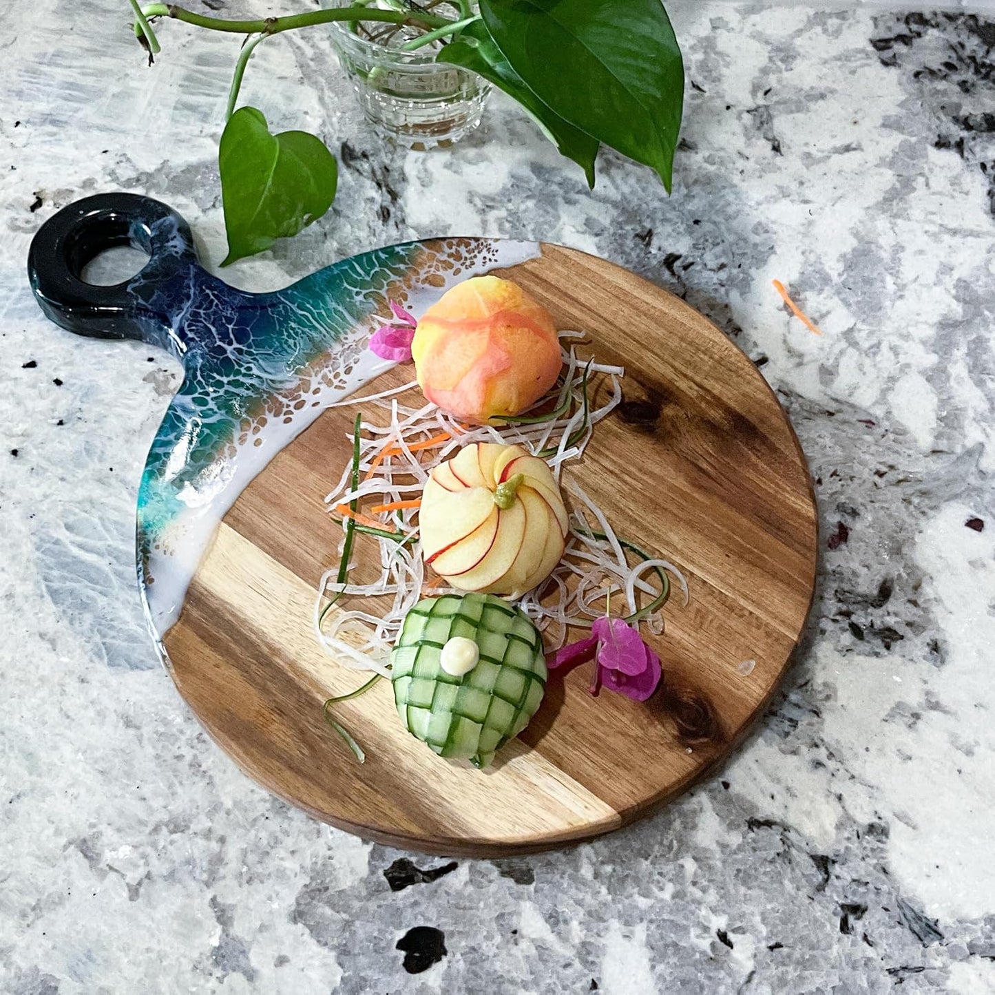 Acacia Wood Serving Board with Ocean Resin Art, 14.6" x 10.2" Charcuterie Cheese Tray for Display & Prep, Cutting Board on Back, Includes Stand & Loofah, Christmas Housewarming Gift (Round)