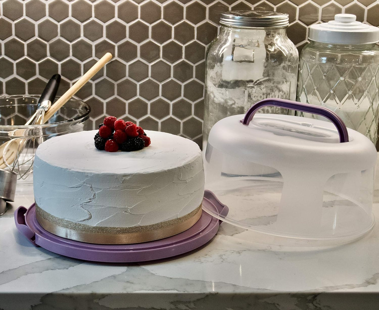 Round Cake Carrier Two Sided Cake Holder Serves as Five Section Serving Tray, Portable Cake Stand Fits 10 inch Cake, Cake Box Comes With Handle, Cake Container Holds Pies (Lilac)